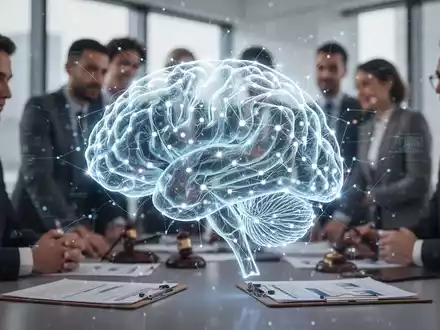 Ein stilisiertes, leuchtendes neuronales Netz über einem unscharfen Hintergrund von Geschäftsleuten in einem modernen Büro. - Foto: über boerse-global.de