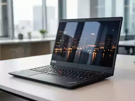 A refurbished Lenovo ThinkPad L380 laptop open on a desk in a modern office, illuminated by soft natural light. - Foto: über boerse-global.de