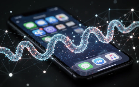 Ein digitales, wurmartiges Gebilde schlängelt sich durch ein Netzwerk von leuchtenden Knoten, die Daten und KI-Systeme darstellen. Im Hintergrund ein verschwommener Smartphone-Bildschirm mit Messenger-App-Symbolen. - Foto: über boerse-global.de