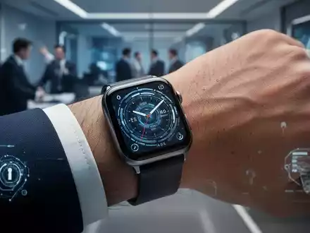 Eine Nahaufnahme einer modernen Smartwatch am Handgelenk, die eine futuristische Benutzeroberfläche zeigt, mit verschwommenem Bürohintergrund. - Foto: über boerse-global.de