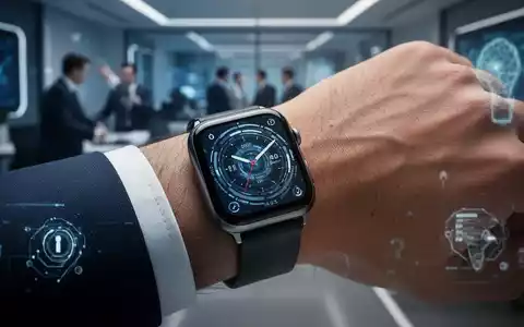Eine Nahaufnahme einer modernen Smartwatch am Handgelenk, die eine futuristische Benutzeroberfläche zeigt, mit verschwommenem Bürohintergrund. - Foto: über boerse-global.de