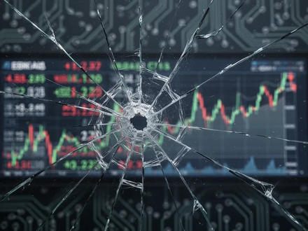 Zersplittertes Glas mit Rissen, das einen unscharfen, fallenden Börsenticker und eine Leiterplatte im Hintergrund widerspiegelt. - Foto: über boerse-global.de