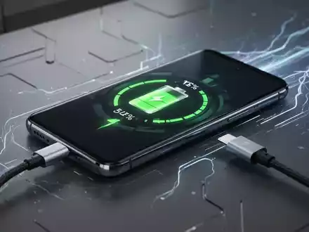 Ein modernes Smartphone, das an ein Schnellladegerät angeschlossen ist, mit einem Akkusymbol, das schnelles Laden anzeigt. - Foto: über boerse-global.de