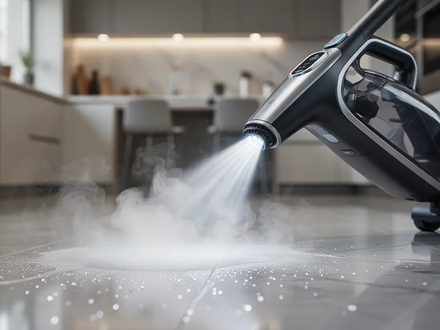 Ein moderner Dampfreiniger reinigt einen glänzenden Küchenboden mit einem kräftigen Dampfstrahl, der Hygiene und Effizienz symbolisiert. - Foto: über boerse-global.de