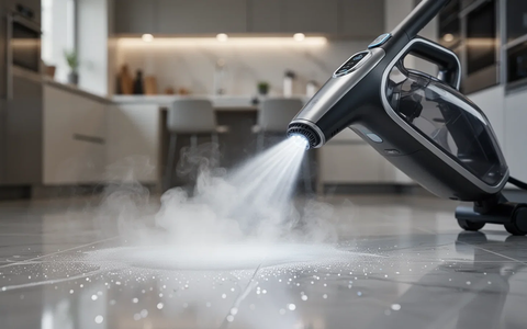Ein moderner Dampfreiniger reinigt einen glänzenden Küchenboden mit einem kräftigen Dampfstrahl, der Hygiene und Effizienz symbolisiert. - Foto: über boerse-global.de