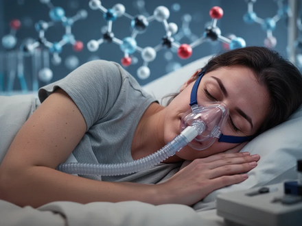 Eine Person schläft friedlich, mit angedeuteter medizinischer Ausrüstung und unscharfen pharmazeutischen Elementen im Hintergrund. - Foto: über boerse-global.de