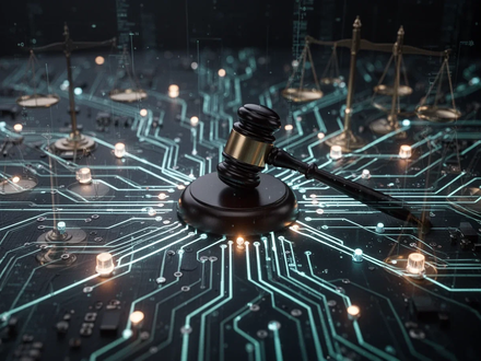 Eine futuristische digitale Schaltung mit leuchtenden Knotenpunkten, die Datenfluss und regulatorische Symbole darstellt. - Foto: über boerse-global.de