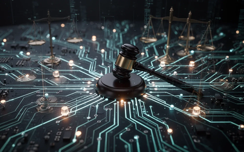 Eine futuristische digitale Schaltung mit leuchtenden Knotenpunkten, die Datenfluss und regulatorische Symbole darstellt. - Foto: über boerse-global.de
