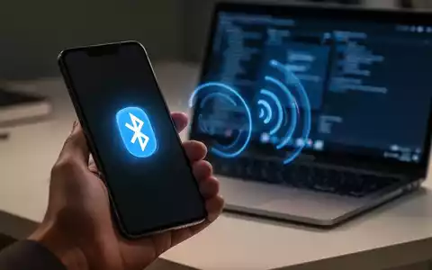 A hand holds a smartphone displaying a Bluetooth symbol, wirelessly connecting to a laptop on a modern desk. - Foto: über boerse-global.de