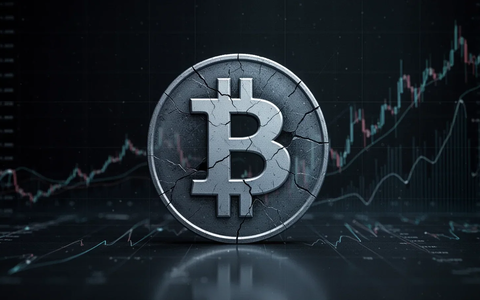 Ein stilisiertes, leicht beschädigtes Bitcoin-Symbol in kühlen Tönen auf dunklem Hintergrund, das einen Wochenverlust darstellt. - Foto: über boerse-global.de