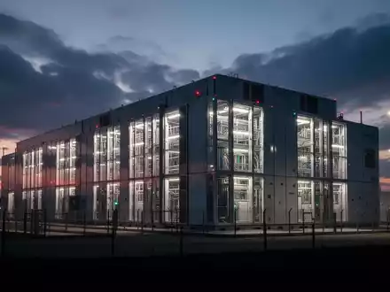 Eine riesige, moderne Batteriespeicheranlage in der Dämmerung, die die Energiespeicherungstechnologie symbolisiert. - Foto: über boerse-global.de