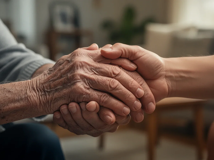 Ältere Hände halten tröstend die Hände einer jüngeren Person, symbolisierend Pflege und finanzielle Belastung. - Foto: über boerse-global.de