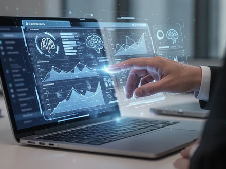 A hand interacting with a holographic spreadsheet interface projected above a laptop, showing data and AI icons. - Foto: über boerse-global.de