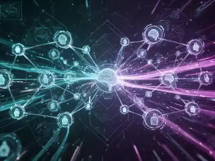 Abstract visualization of an AI agent network with interconnected glowing nodes and rapid data streams, representing automation and advanced technology. - Foto: über boerse-global.de