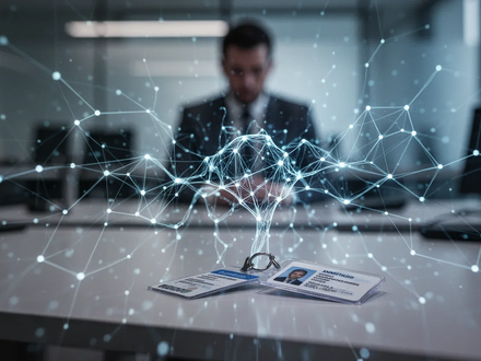 A discarded ID badge on a desk, with a glowing AI interface overlaid, symbolizing job loss due to automation. - Foto: über boerse-global.de