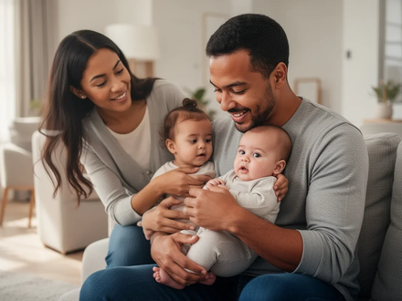 Eine junge Familie mit Vater, Mutter und Baby in einem hellen Zuhause, der Vater interagiert liebevoll mit dem Kind. - Foto: über boerse-global.de