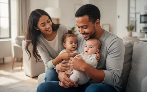 Eine junge Familie mit Vater, Mutter und Baby in einem hellen Zuhause, der Vater interagiert liebevoll mit dem Kind. - Foto: über boerse-global.de