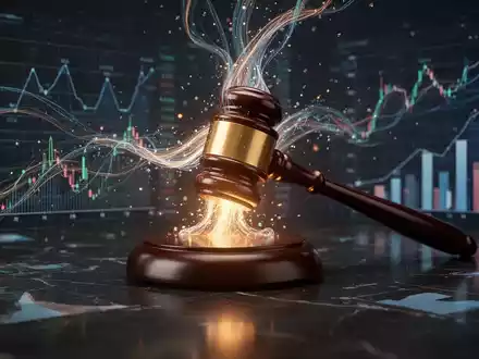 Ein stilisiertes Bild, das Finanzdaten zeigt, die in einen leuchtenden Richterhammer fließen, umgeben von digitalen Diagrammen. - Foto: über boerse-global.de
