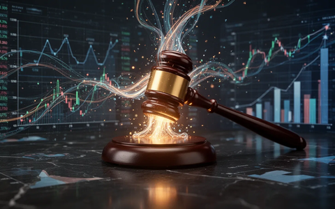 Ein stilisiertes Bild, das Finanzdaten zeigt, die in einen leuchtenden Richterhammer fließen, umgeben von digitalen Diagrammen. - Foto: über boerse-global.de