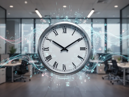 Eine stilisierte Uhr mit digitalen Elementen und einem unscharfen Büro im Hintergrund, die Zeitmanagement und digitale Medien symbolisiert. - Foto: über boerse-global.de