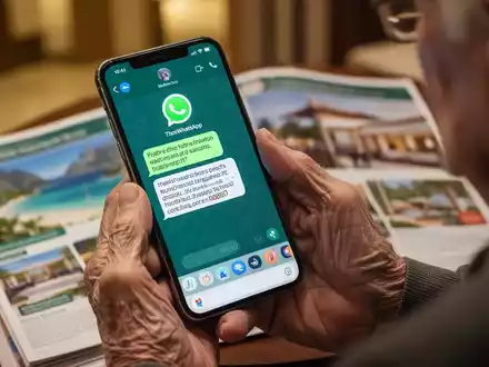 Eine ältere Hand hält ein Smartphone mit einer verdächtigen WhatsApp-Nachricht. Im Hintergrund sind Reisebroschüren verschwommen zu sehen. - Foto: über boerse-global.de