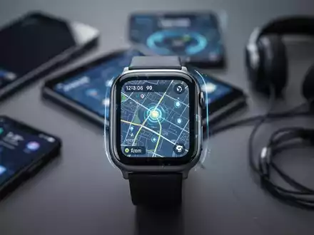 Eine Smartwatch am Handgelenk zeigt eine Karte oder ein Geräte-Tracking-Interface, mit unscharfen elektronischen Geräten im Hintergrund. - Foto: über boerse-global.de