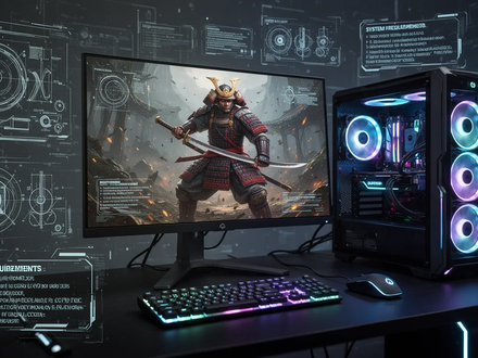 A futuristic gaming PC setup with glowing components, an open game displaying a samurai warrior on the monitor, and technical diagrams. - Foto: über boerse-global.de