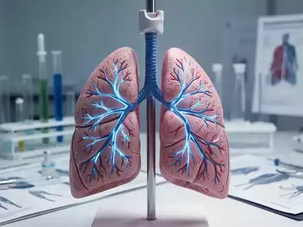 Nahaufnahme eines menschlichen Lungenmodells mit blauen, leuchtenden Gefäßstrukturen, die die Lungenarterien hervorheben. - Foto: über boerse-global.de