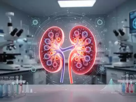 Eine stilisierte, leuchtende Niere mit integrierten biologischen Datenvisualisierungen, um Entzündungen und Zellaktivität darzustellen. - Foto: über boerse-global.de