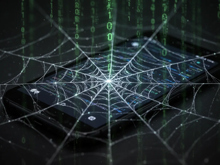 A stylized, menacing digital spiderweb overlaying a dark Android smartphone screen, with glowing lines representing data transfer. - Foto: über boerse-global.de