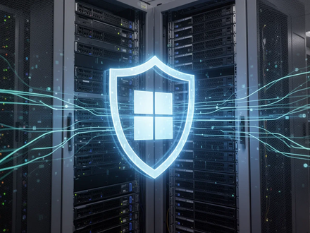 A glowing Microsoft Defender shield logo projected onto dark server racks in a data center, with digital lines symbolizing security integration. - Foto: über boerse-global.de