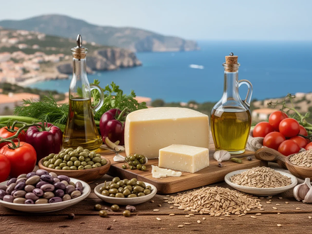 Eine reichhaltige Auswahl an mediterranen Speisen, darunter Gemüse, Hülsenfrüchte, Käse und Olivenöl, auf einem Holztisch. - Foto: über boerse-global.de
