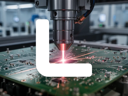 Nahaufnahme eines Laserstrahls, der präzise eine Leiterplatte schneidet, mit unscharfem Hintergrund einer Produktionsanlage. - Foto: über boerse-global.de