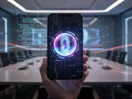 A close-up of a hand holding a smartphone, displaying a futuristic user interface with an AI assistant icon. - Foto: über boerse-global.de