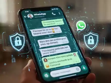 Ein Smartphone zeigt gefälschte WhatsApp-Nachrichten, überlagert von digitalen Sicherheitssymbolen, die Online-Betrug darstellen. - Foto: über boerse-global.de