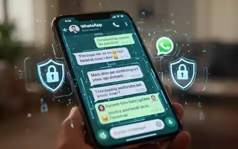 Ein Smartphone zeigt gefälschte WhatsApp-Nachrichten, überlagert von digitalen Sicherheitssymbolen, die Online-Betrug darstellen. - Foto: über boerse-global.de
