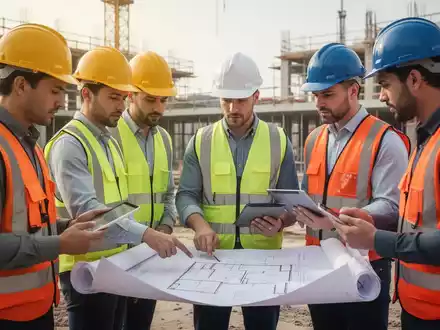 Sicherheitsexperten in Schutzkleidung begutachten Pläne auf einer Baustelle, symbolisierend Arbeitssicherheit und Gesundheitsschutz. - Foto: über boerse-global.de