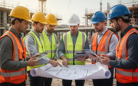 Sicherheitsexperten in Schutzkleidung begutachten Pläne auf einer Baustelle, symbolisierend Arbeitssicherheit und Gesundheitsschutz. - Foto: über boerse-global.de