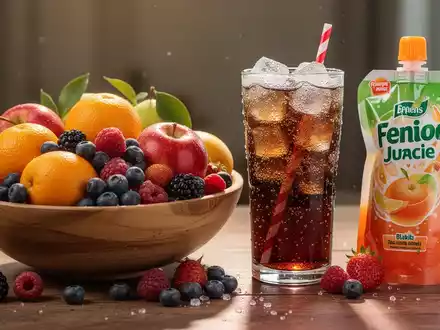 Ein Stillleben mit einer Schale frischer, bunter Früchte neben einem Glas Limonade und einem Quetschie, die den Unterschied zwischen natürlichen und zugesetzten Zuckern hervorhebt. - Foto: über boerse-global.de