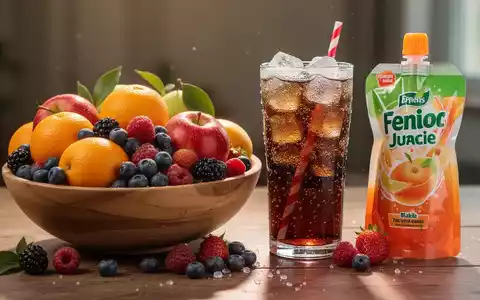 Ein Stillleben mit einer Schale frischer, bunter Früchte neben einem Glas Limonade und einem Quetschie, die den Unterschied zwischen natürlichen und zugesetzten Zuckern hervorhebt. - Foto: über boerse-global.de