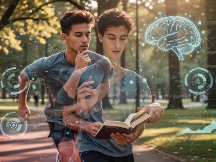 Eine junge Person, die sportlich aktiv ist oder konzentriert liest, umgeben von Elementen, die Gehirngesundheit und Prävention symbolisieren. - Foto: über boerse-global.de