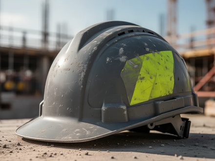 Ein gelber Schutzhelm liegt auf einer Baustelle. Der Helm weist leichte Gebrauchsspuren auf und symbolisiert Arbeitssicherheit. - Foto: über boerse-global.de
