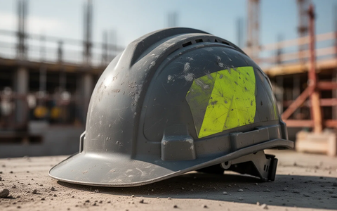 Ein gelber Schutzhelm liegt auf einer Baustelle. Der Helm weist leichte Gebrauchsspuren auf und symbolisiert Arbeitssicherheit. - Foto: über boerse-global.de