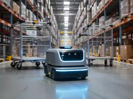 An Amazon Proteus autonomous mobile robot with blue lights moves a heavy cart through a modern warehouse facility. - Foto: über boerse-global.de