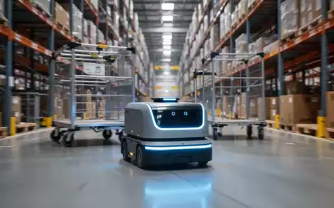 An Amazon Proteus autonomous mobile robot with blue lights moves a heavy cart through a modern warehouse facility. - Foto: über boerse-global.de