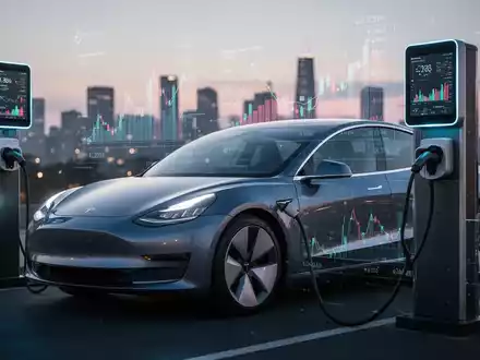 Ein modernes Elektroauto an einer Ladestation, mit Finanzdaten auf einem Display und einer verschwommenen Stadtkulisse im Hintergrund. - Foto: über boerse-global.de