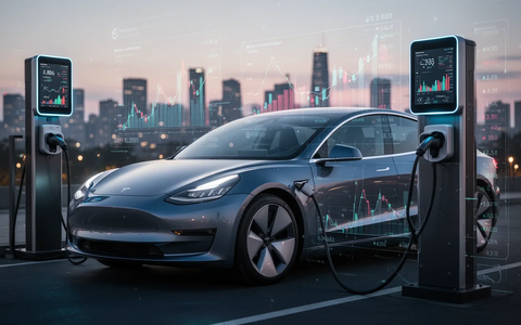 Ein modernes Elektroauto an einer Ladestation, mit Finanzdaten auf einem Display und einer verschwommenen Stadtkulisse im Hintergrund. - Foto: über boerse-global.de
