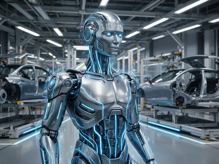 A futuristic humanoid robot with glowing blue accents stands in an EV factory, symbolizing advanced technology and manufacturing. - Foto: über boerse-global.de