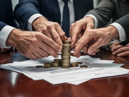 Hände von Politikern und Bürgern ringen um Münzen und Dokumente auf einem Tisch, symbolisierend Regierungsreformen und Sparpläne. - Foto: über boerse-global.de
