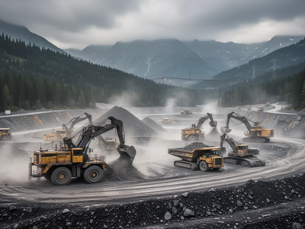 Eine weitläufige europäische Lithium-Mine in einer bergigen Waldlandschaft mit schwerem Gerät und staubiger Luft unter bewölktem Himmel. - Foto: über boerse-global.de